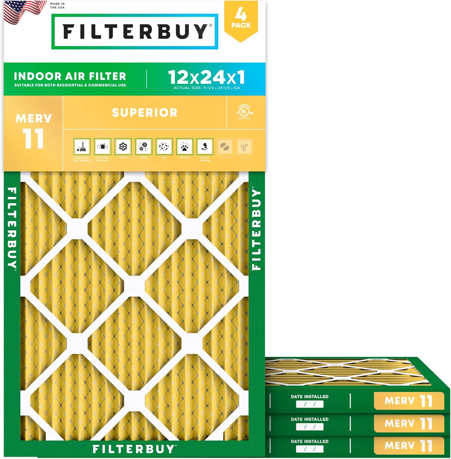 Filterbuy 12x24x1 Air Filter MERV 11 (MPR 1200) Allergen Defense Replacement (4-Pack), Electrostatic Pleated HVAC AC Furnace Filters, Made in USA (Actual Size: 11.50 x 23.50 x 0.75)