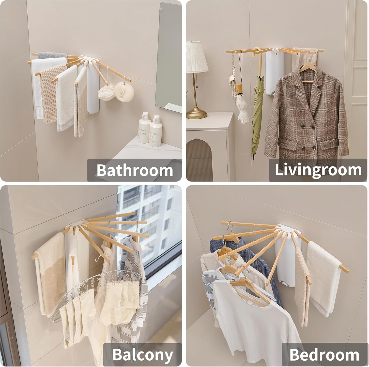 LEQ Wall Mounted Clothes Drying Rack, Garment Rack Foldable Space Saving Laundry Drying Rack with 7 Hanging Rods,Drying Rack Clothing for Laundry Balcony Bedroom Household Wooden