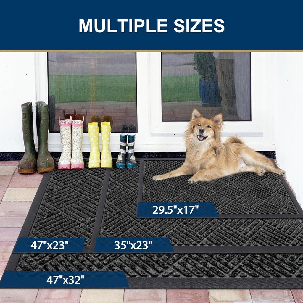 Smiry Front Door Mat Outside Entrance, Heavy Duty Outdoor Indoor Natural Rubber Doormat, Non Slip, Trap Dirt and Moisture, Easy Clean, Low Profile Patio Porch Entryway Mat, 47x23, Black