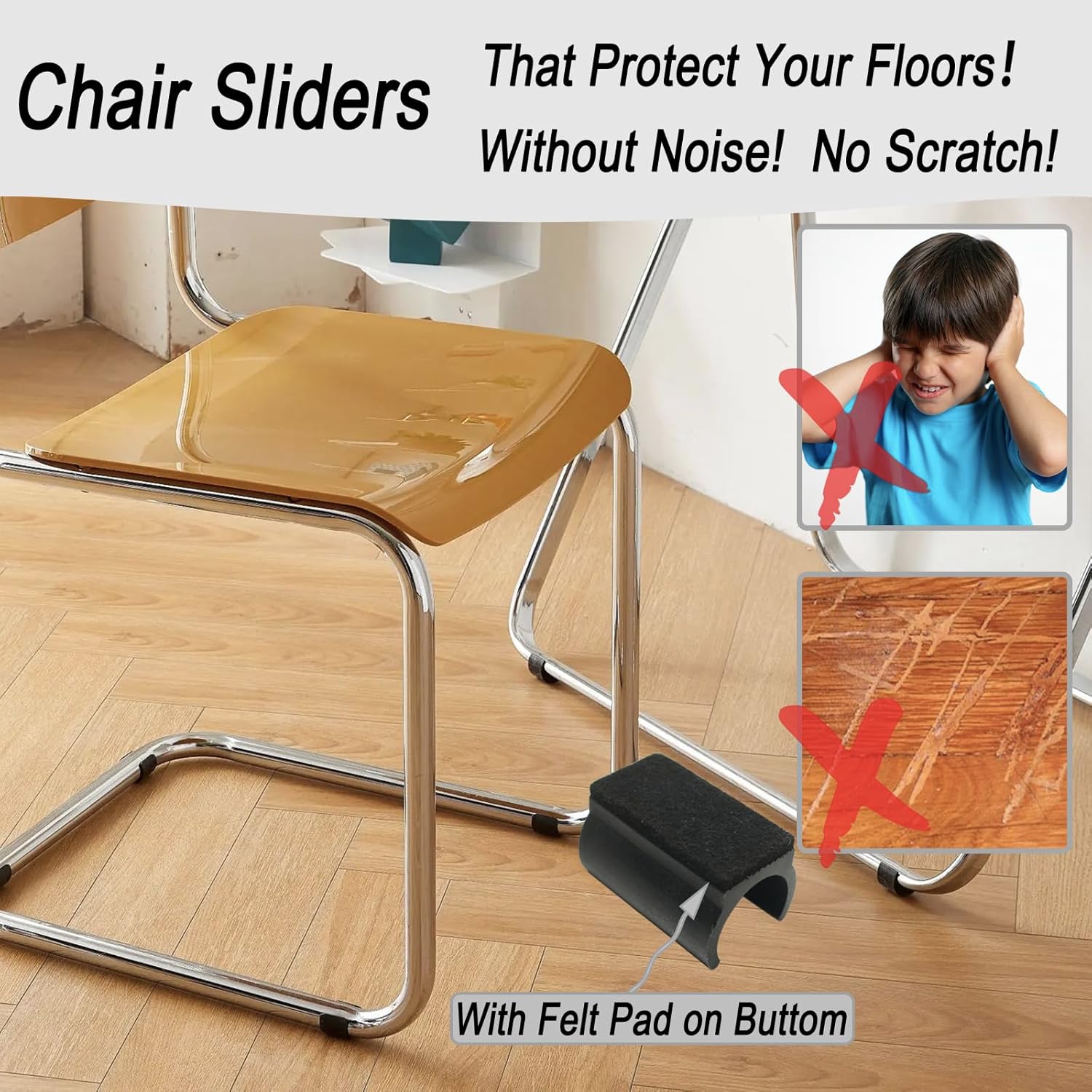 Rectangle U Shaped Chair Leg Tips Cap with Felt Pads,Furniture Feet Protector Slide Smoothly Glides,Protect Hardwood Floor No Scratches No Noise,Fit 19mm(3/4inch) Diameter Tubular Legs (Black 32PCS)