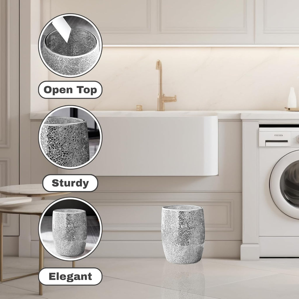 Escenzy Modern Bathroom Trash Can Silver Mosaic Glass 5L | 7" x 10" | Luxury Waste Basket for Restroom, Bedroom, Office & Kitchen | Decorative Small Garbage Can | Silver Glitter Bathroom Accessories
