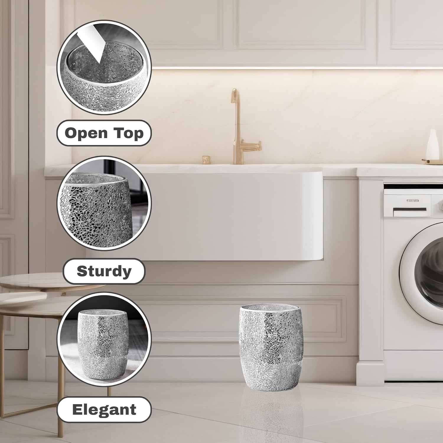 Escenzy Modern Bathroom Trash Can Silver Mosaic Glass 5L | 7" x 10" | Luxury Waste Basket for Restroom, Bedroom, Office & Kitchen | Decorative Small Garbage Can | Silver Glitter Bathroom Accessories