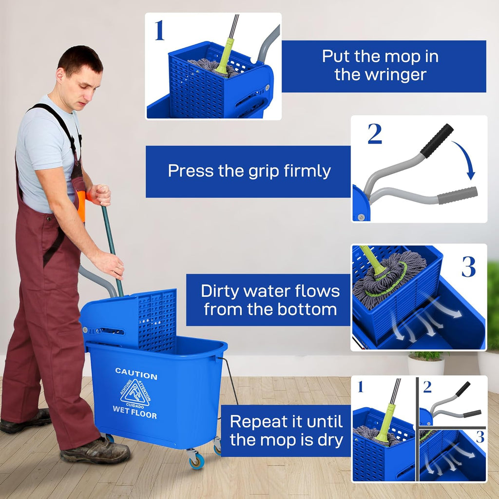 HOMCOM Compact Mop Bucket with Wringer on Wheels for Floor Cleaning, 21 Quart, Separate Dirty and Clean Water, for Home, Apartment, Blue