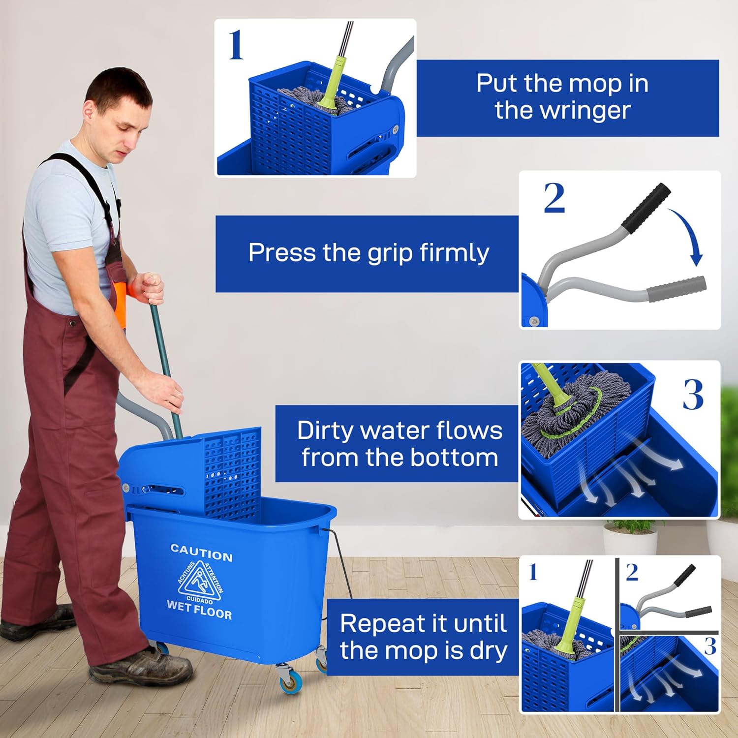 HOMCOM Compact Mop Bucket with Wringer on Wheels for Floor Cleaning, 21 Quart, Separate Dirty and Clean Water, for Home, Apartment, Blue