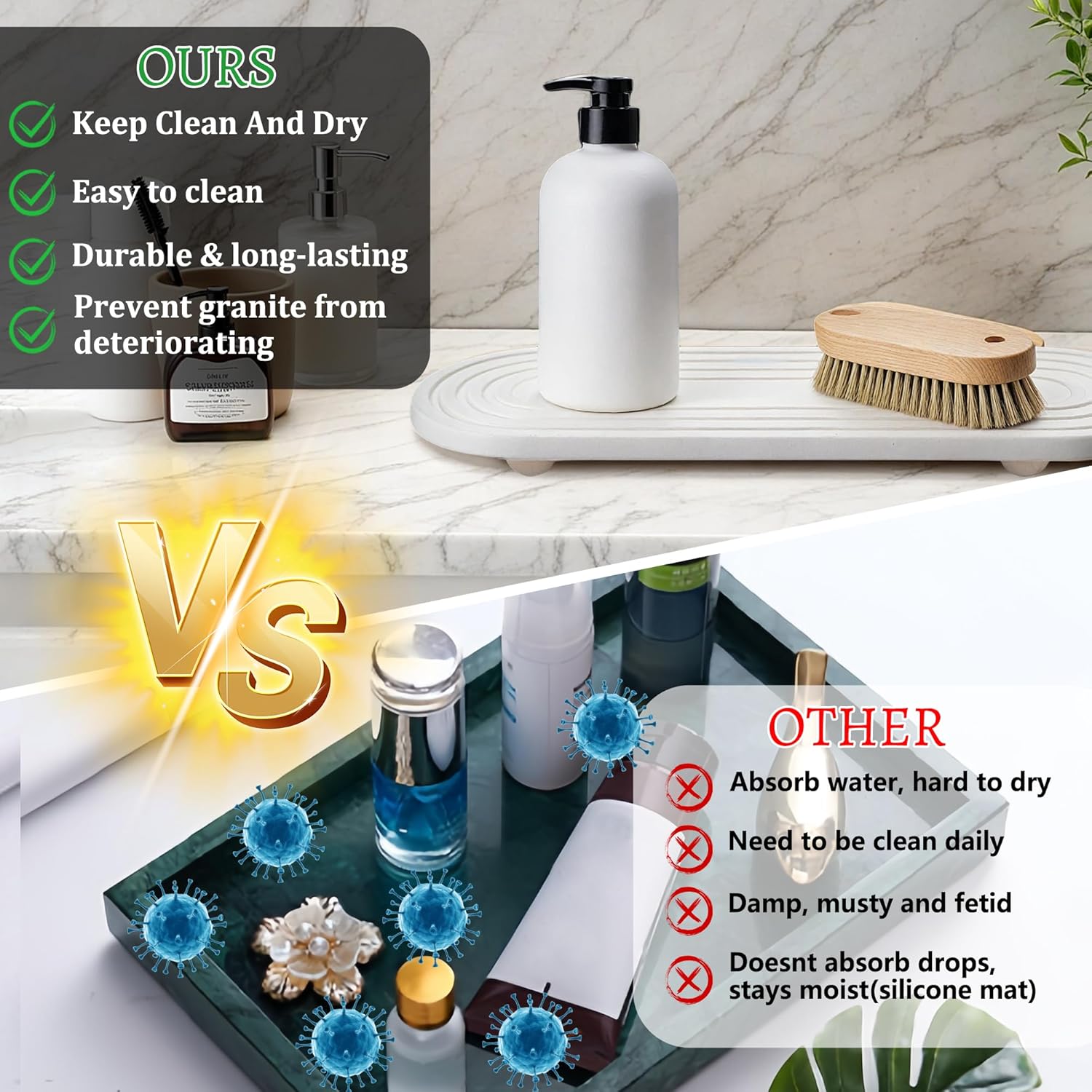 Instant Dry Sink Caddy Organizer, Fast Drying Sink Caddy, Water Absorbing Stone Sponge Holder for Kitchen and Bathroom Countertop with Natural Loofah and Wooden Feet