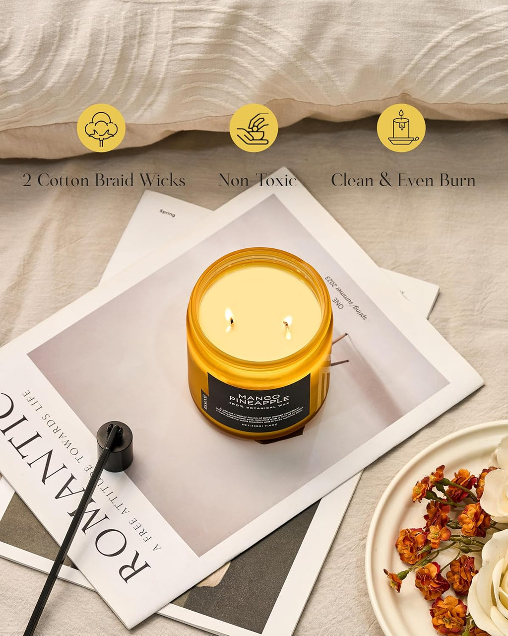 M&SENSE Mango Pineapple Tropical Scented Candle - 11.6oz Natural Soy Wax Non Toxic 70-Hour Burn 2-Wick Fruit Scent for Home, Housewarming Gifts - Aromatherapy Candle for Women, Men & Family Friends