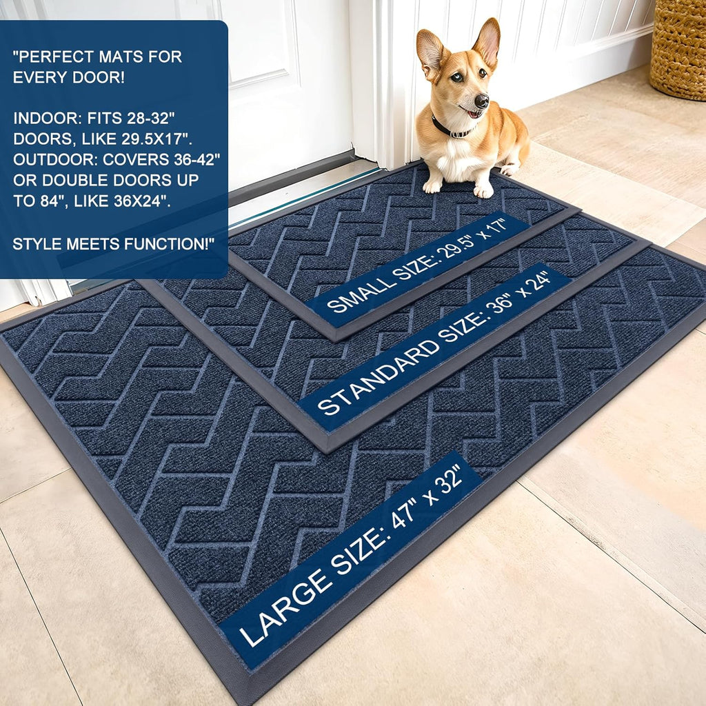 OLANLY Front Door Mat Indoor Outdoor Entrance, Waterproof All-Season, All-Weather Doormat, Sturdy Natural Rubber, Low Profile, Easy Clean Patio Porch Entryway Mat, Herringbone Brick (Blue, 47x32)