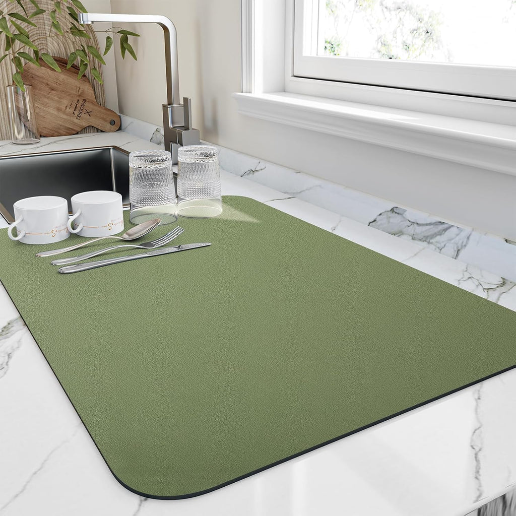 Dish Drying Mat for Kitchen Counter, Heat Resistant Drainer Mats with Non-slip Rubber Backed, Hide Stain Kitchen Super Absorbent Draining Mat, Easy to Clean Dish Rack Pad, Green 18"x32"