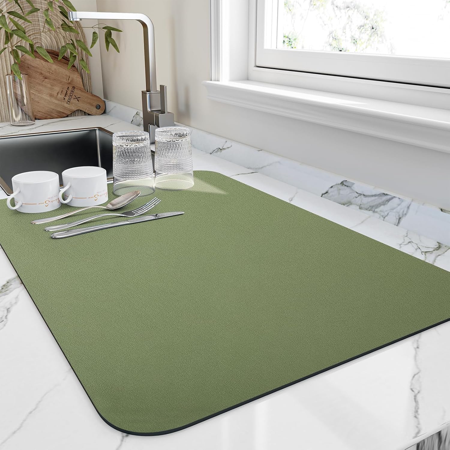 Dish Drying Mat for Kitchen Counter, Heat Resistant Drainer Mats with Non-slip Rubber Backed, Hide Stain Kitchen Super Absorbent Draining Mat, Easy to Clean Dish Rack Pad, Green 18"x32"