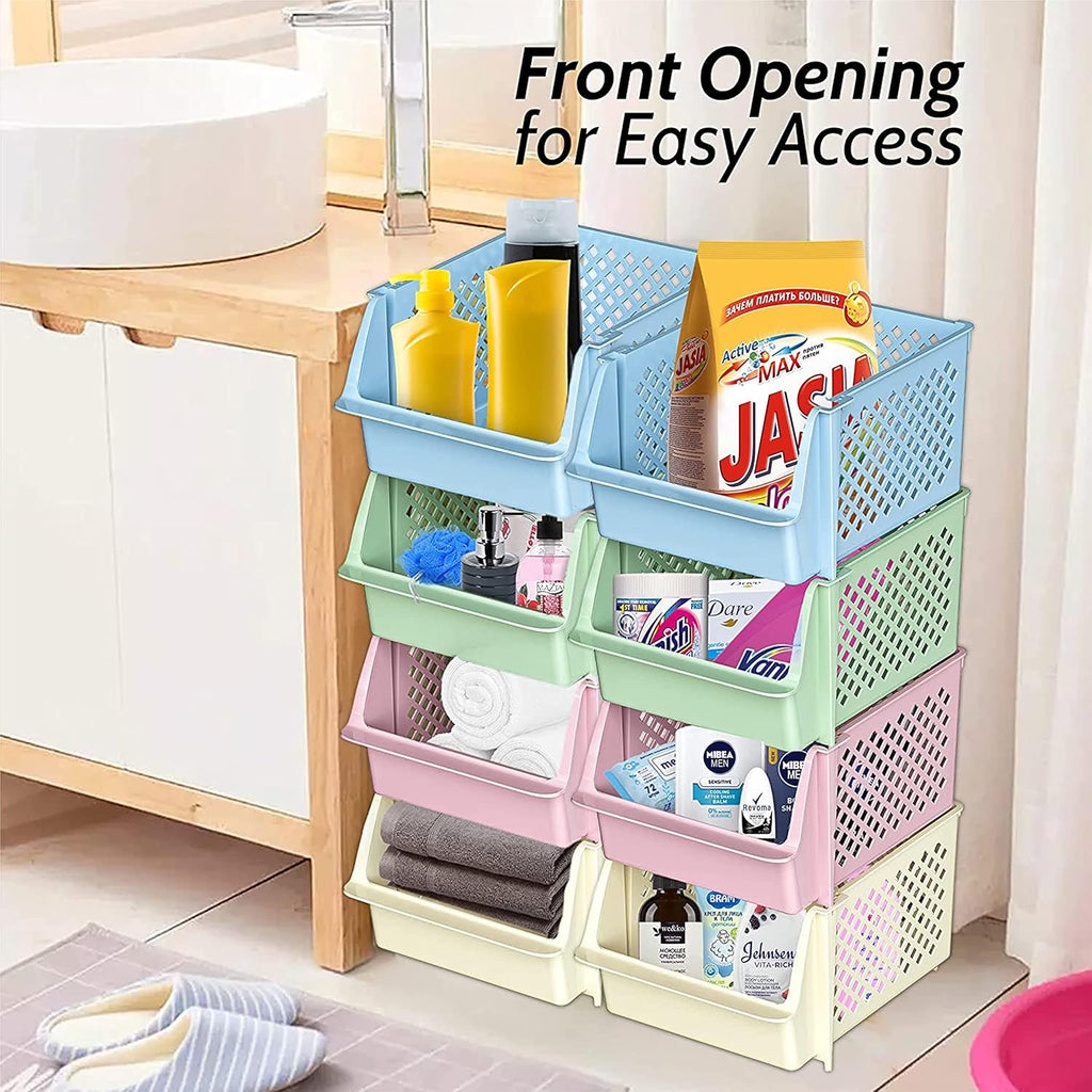 TidyFriend Plastic Stackable Storage Bins for Pantry - 8 Pack Stackable Bins for Organizing Food, Kitchen, and Bathroom Essentials (Multi)