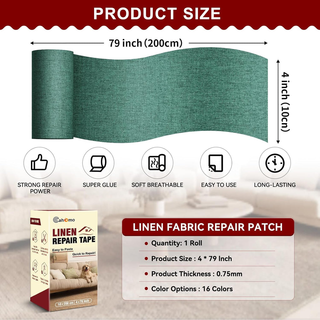 Linen Repair Tape 4x79 inch, Self Adhesive Fabric Patches, Linen Patch Tape Kit, Fabric Repair Tape for Couch Sofas, Headboards, Chairs, Pillows, Curtains, Couches - Green