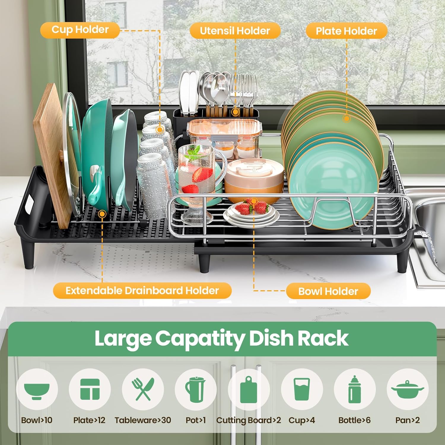 Expandable Dish Drying Rack, Foldable Dish Rack for Kitchen Counter, Stainless Steel Collapsible Dish Drainer Racks with Cutlery Holder, Black