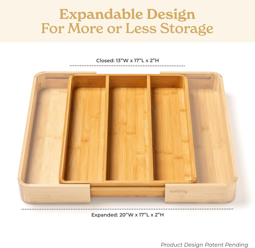 SMIRLY Silverware Drawer Organizer – Bamboo Kitchen Drawer Organizer, Adjustable Utensil Holder and Cutlery Tray, Drawer Dividers for Flatware and Kitchen Utensils