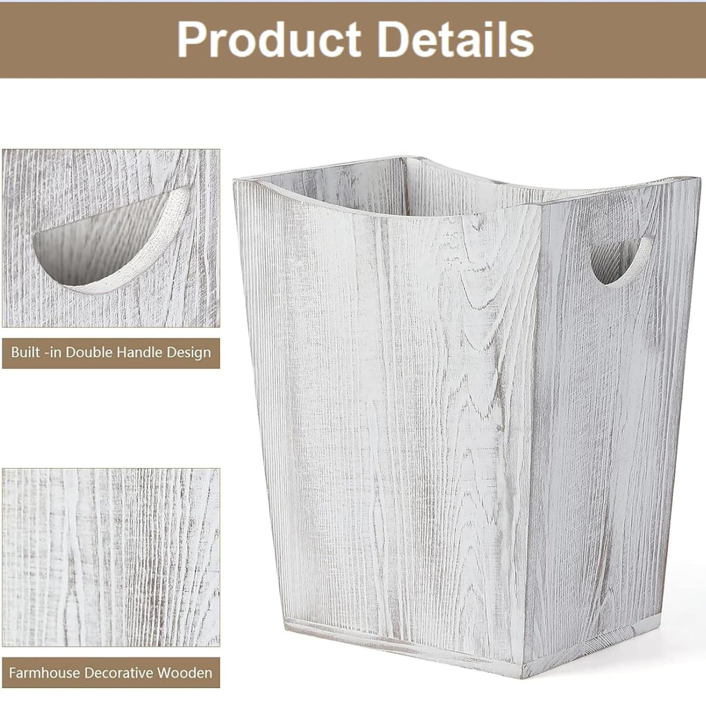 SEHERTIWY Wood Trash Can, Farmhouse Wastebasket Bin for Bathroom, Office, Bedroom, Living Room, Small Square Rustic Garbage Container (Wood-White)