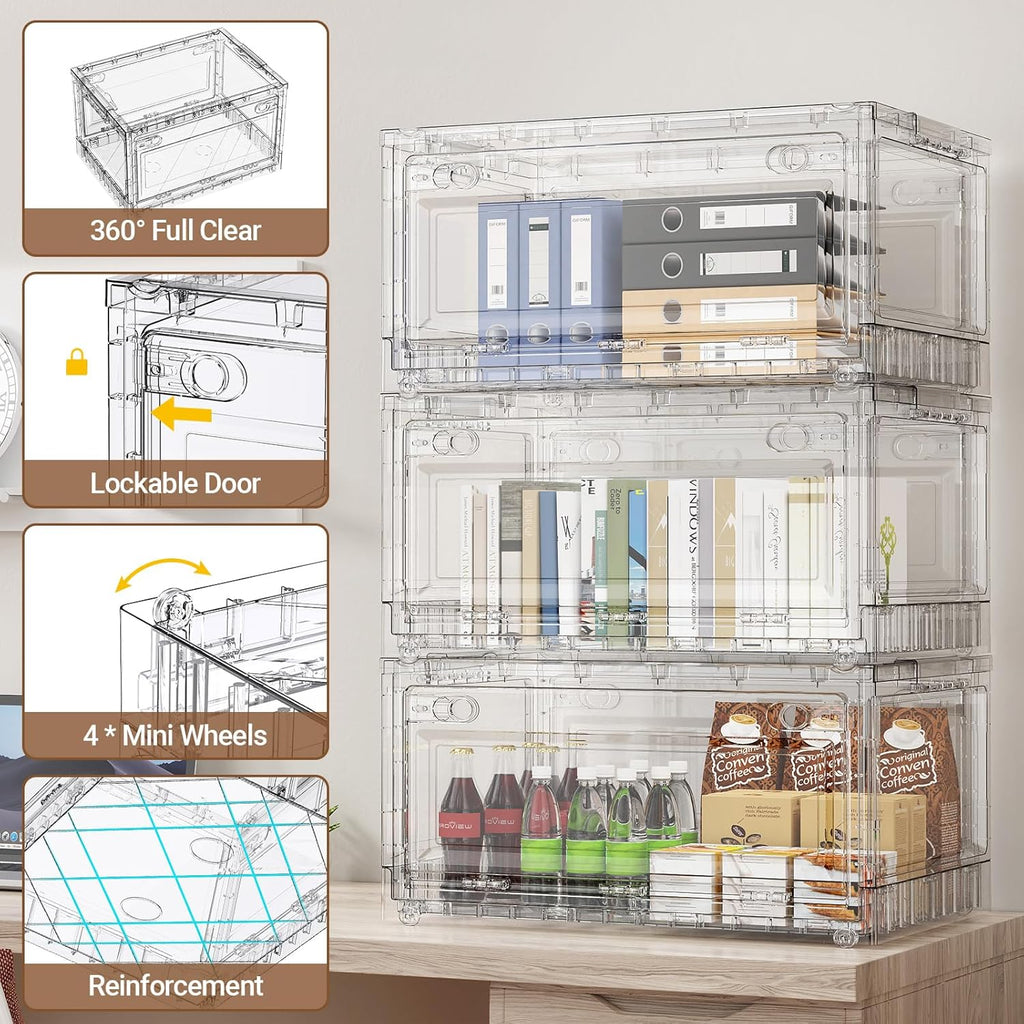 BROVIEW Clear Stackable Storage Bins Drawers, Open Front Large Plastic Storage Bins with Lids, Foldable Closet Organizers and Storage for Wardrobe Cabinets, Pantry, Makeup,2 Pack