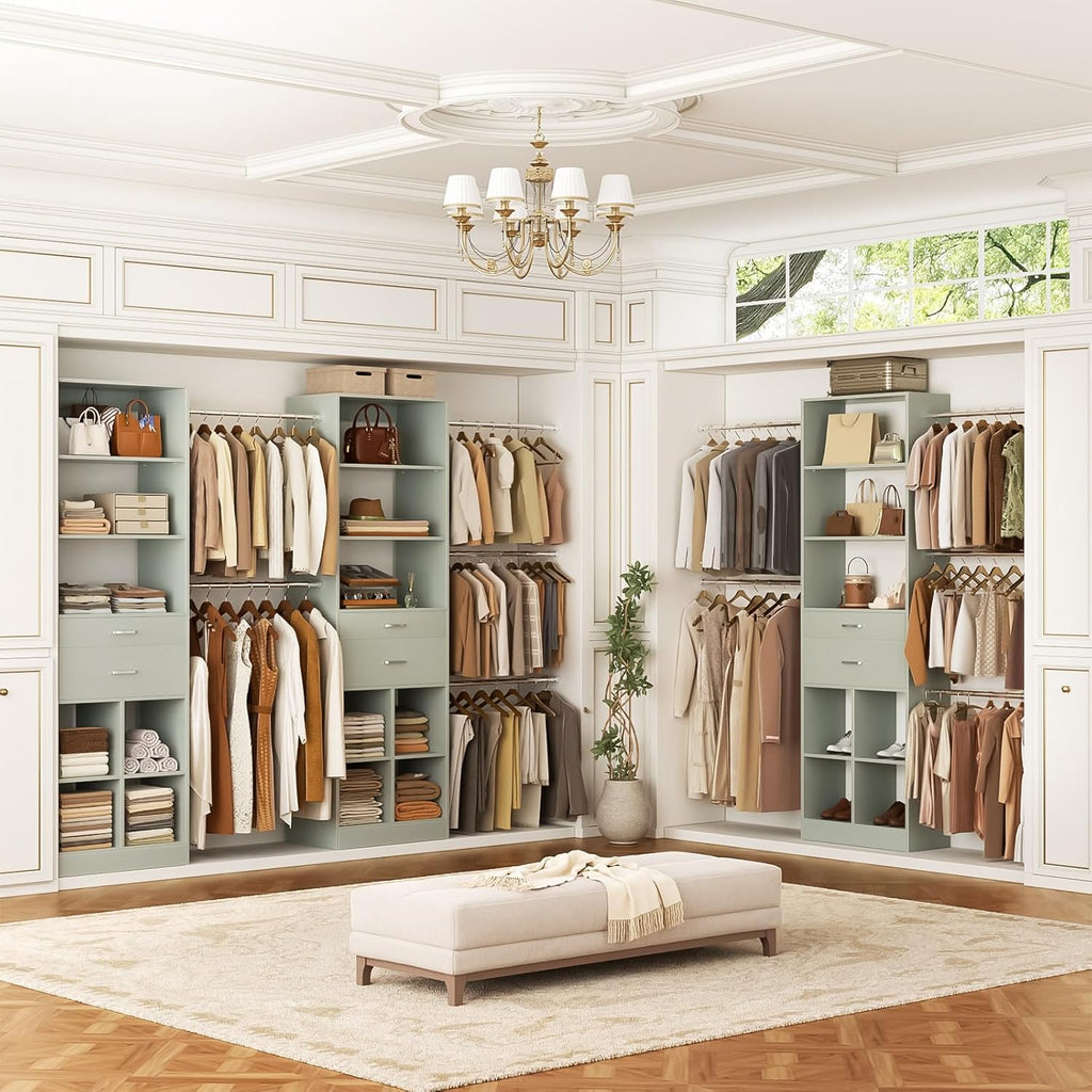 Closet System, 4-8 FT Closet Organizer Tower with 2 Wooden Drawers and Shelves, Can Fit 60 to 96 inch Walk-in Closet System with 5 Hang Rods, Built-in, Crab Green