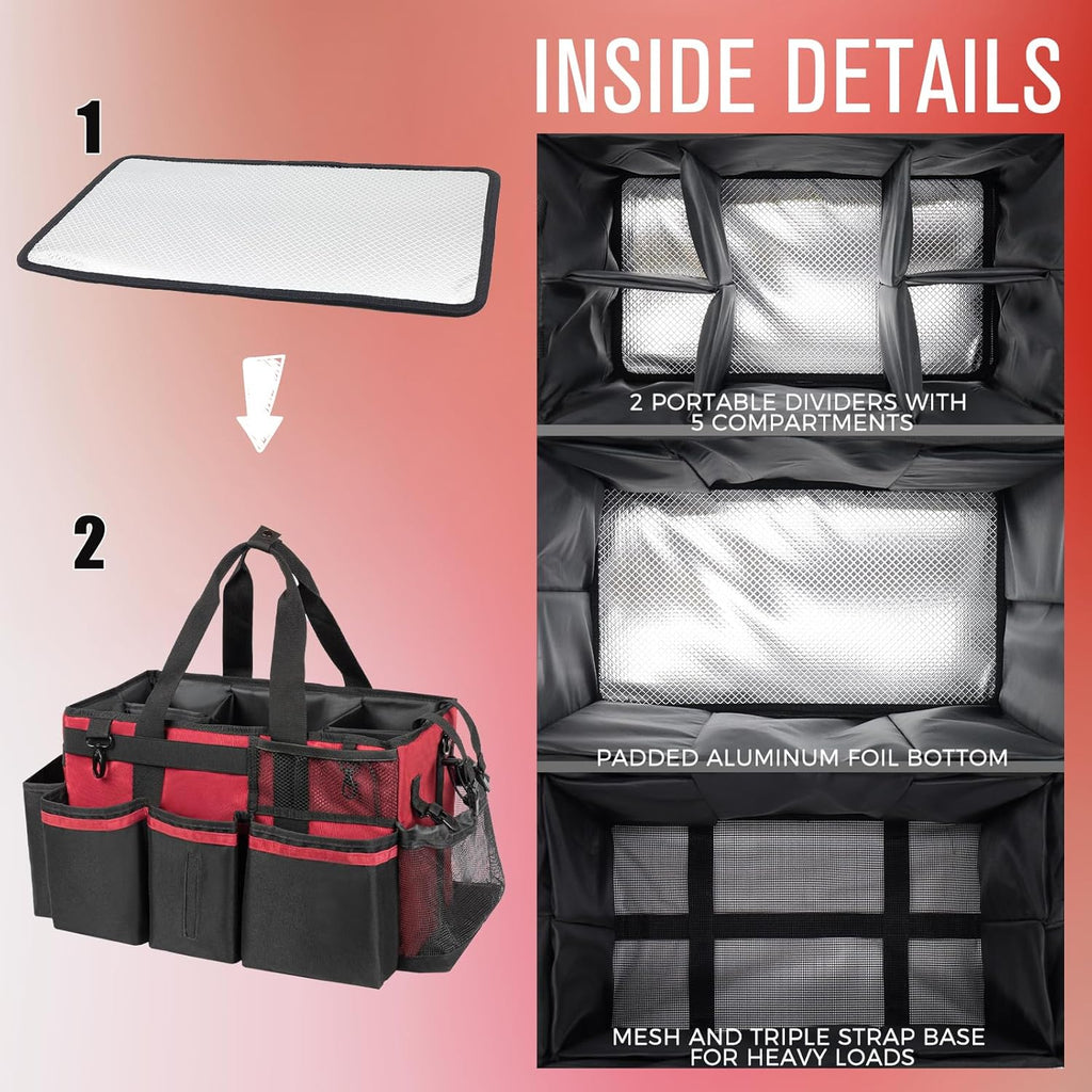 Wearable Cleaning Caddy, Cleaning Caddy Supplies Organizer with Handle & Shoulder Straps for Housekeepers, Under Sink & Car Cleaning Tool Organizers Bag with 4 Foldable Divider (Wine)