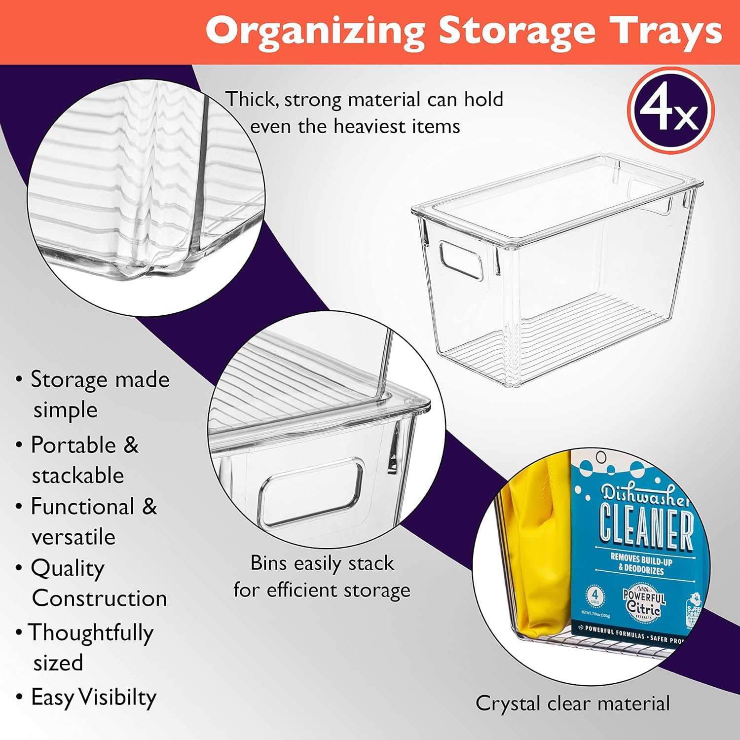 ClearSpace Modern Plastic Storage Bins with Lids – Perfect Kitchen Organization or Pantry Fridge Organizer, 4 Pack, 12.5" x 6" x 7", 9L Capacity Each, BPA Free, Stackable