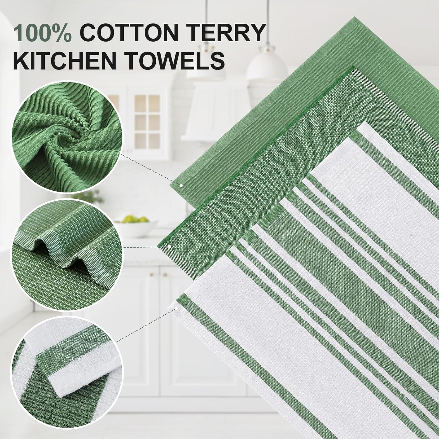 Homaxy Premium Kitchen Towels(18”x 28”, 9 Pack), Large Cotton 380 GSM Kitchen Hand Towels, Soft and Absorbent Terry Dish Towels, Multipurpose Tea Towel Set with Hanging Loop, Grass Green