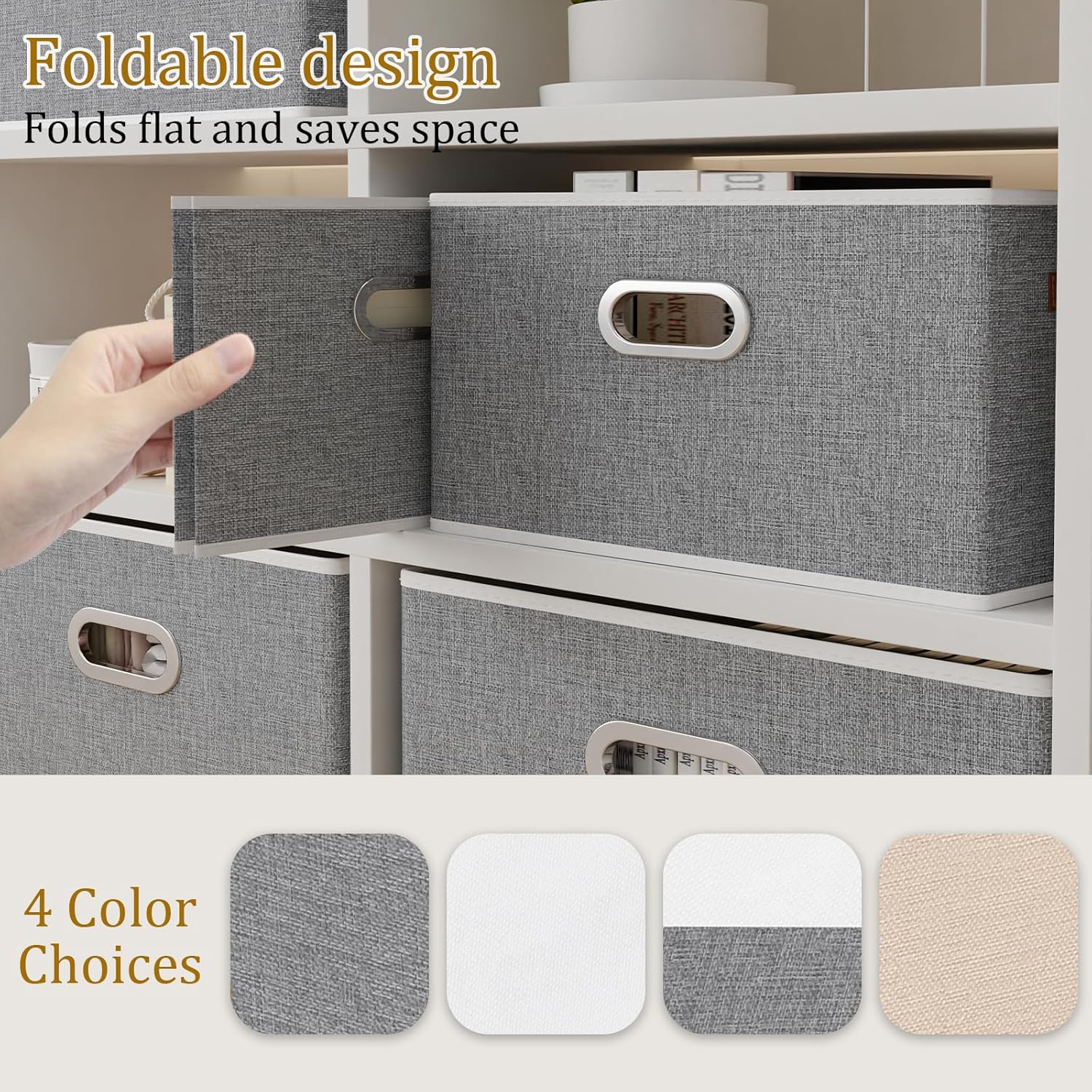 Yawinhe Foldable Storage Baskets for Shelves, Fabric Closet Organizers, Bins with 3 Handles, Cubes for Clothes, Grey, 15''Lx9.8''Wx8.3''H, 4-Pack