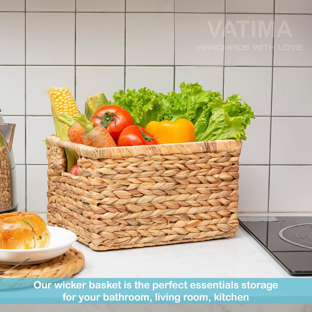 Natural Water Hyacinth storage basket with Handle, Rectangular Organizing Basket for Organizing, Decorative Wicker Storage Bins for Living Room, Medium Wicker Baskets - 3 Pack Medium
