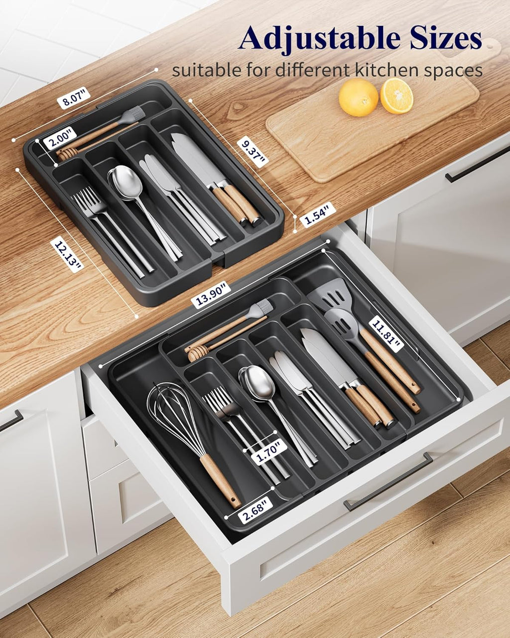 Kitsure Cutlery Drawer Organiser for Kitchen - Adjustable Cutlery Tray for Effortless Utensil Sorting, Versatile Kitchen Storage & Organisation Solution, 12.13" x 1.54" x 8.07"~13.90", Black