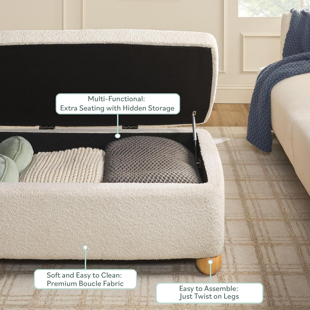 Walker Edison Linley Contemporary Large Storage Bouclé Ottoman with Wood Legs, Ivory
