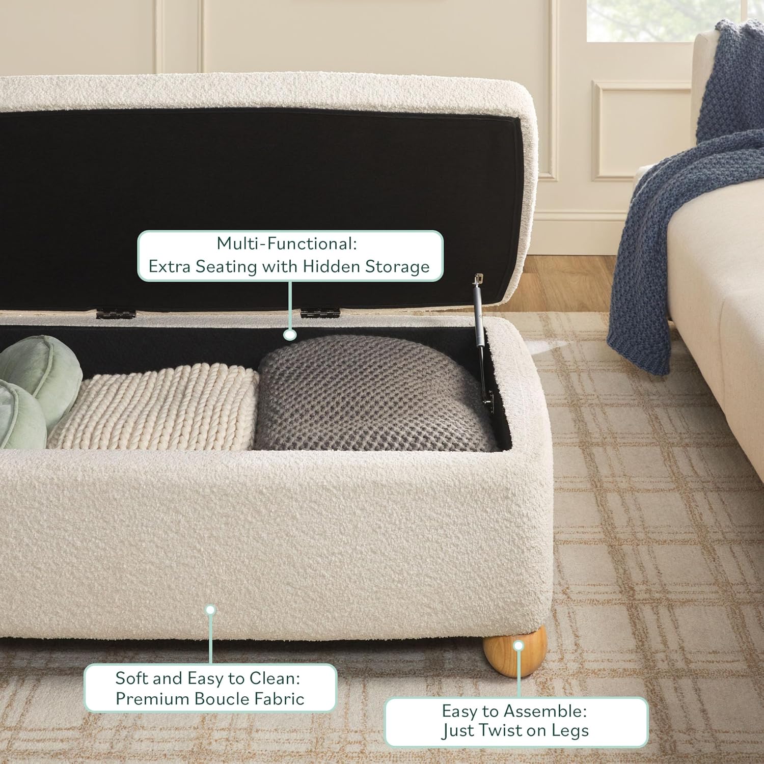 Walker Edison Linley Contemporary Large Storage Bouclé Ottoman with Wood Legs, Ivory
