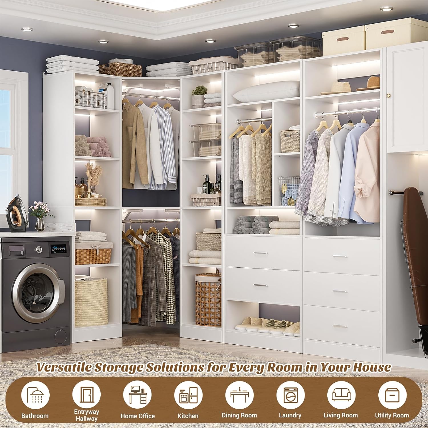 Corner Closet System with 5 Drawers, Closet Organizer System with 15+Shelvess & 4 Hanging Rods, 63.2"L * 63.2"W / 87.2"L * 39.2"W Reversible L Shaped Walk-in Closets, Load 2500+LBS, White