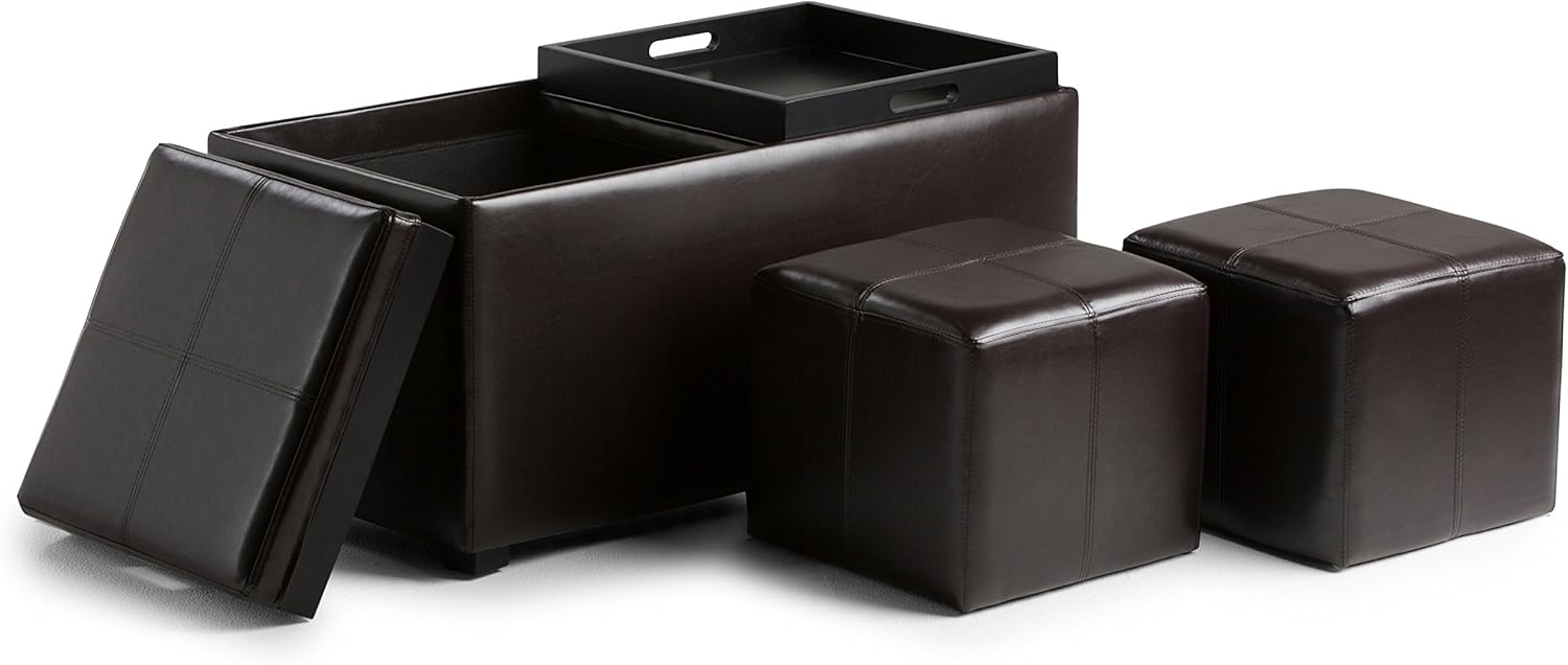 SIMPLIHOME Avalon 35 inch Wide Contemporary Rectangle 5 Pc Storage Ottoman in Tanners Brown Vegan Faux Leather, Assembled, for the Living Room, Entryway and Family Room