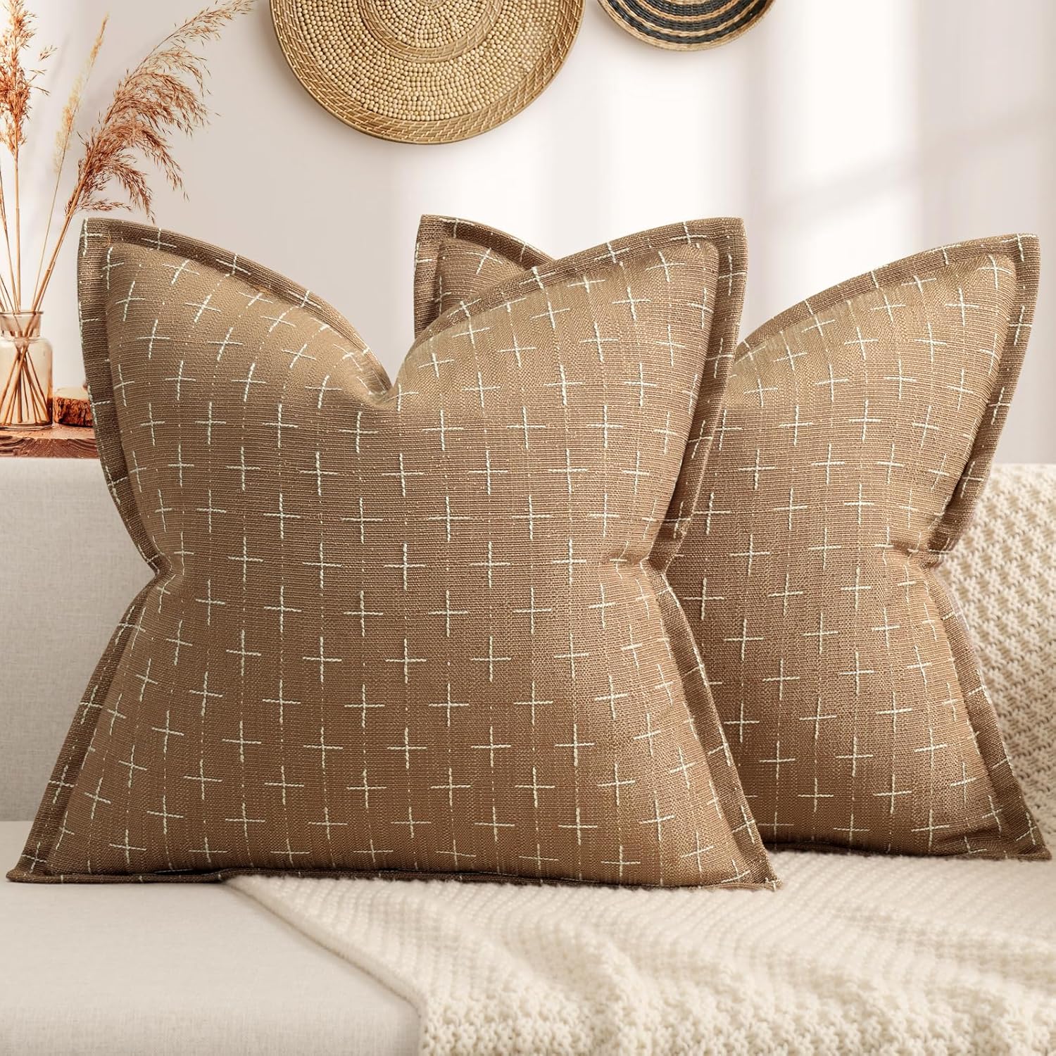 ZWJD Throw Pillow Pillow Covers 26x26 Set of 2 Soft Polyester Textured Pillow Covers with Stylish Flange Edge Cozy Farmhouse Throw Pillows for Couch Bed Sofa Living Room