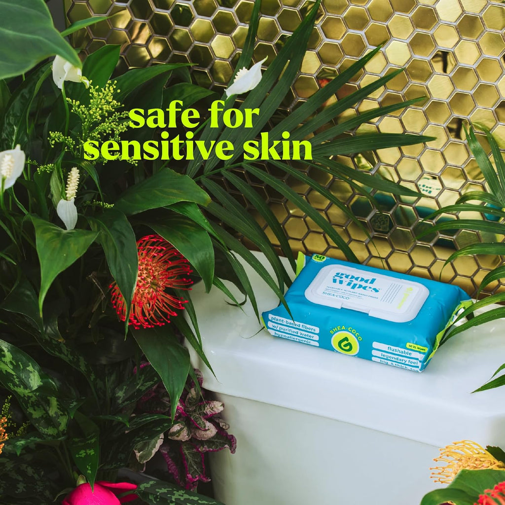 goodwipes Flushable Butt Wipes - Vitamin E & Aloe - Sewer & Septic Safe - Extra Large Adult Wet Wipes For Women & Men - Bathroom Essentials - Shea Coco, 418 Count (8 Packs + 1 Travel)