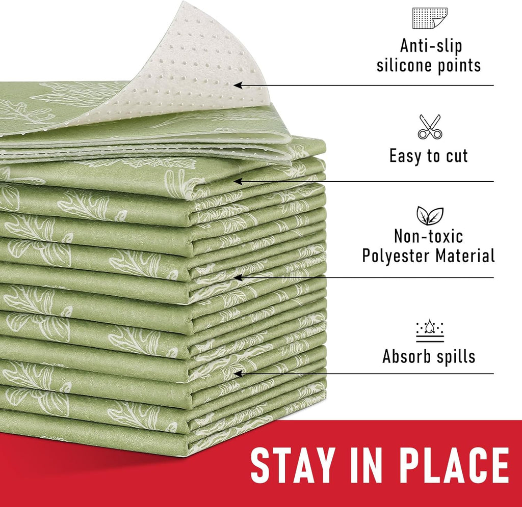 Cooyes Shelf Liner for Refrigerator & Drawer, Non-Adhesive Cabinets Liner for Kitchen Cupboard & Fridge, Breathable Cloth Material, Vegetable-Patterned, 6 Pack 12“ × 24”, Sage Green