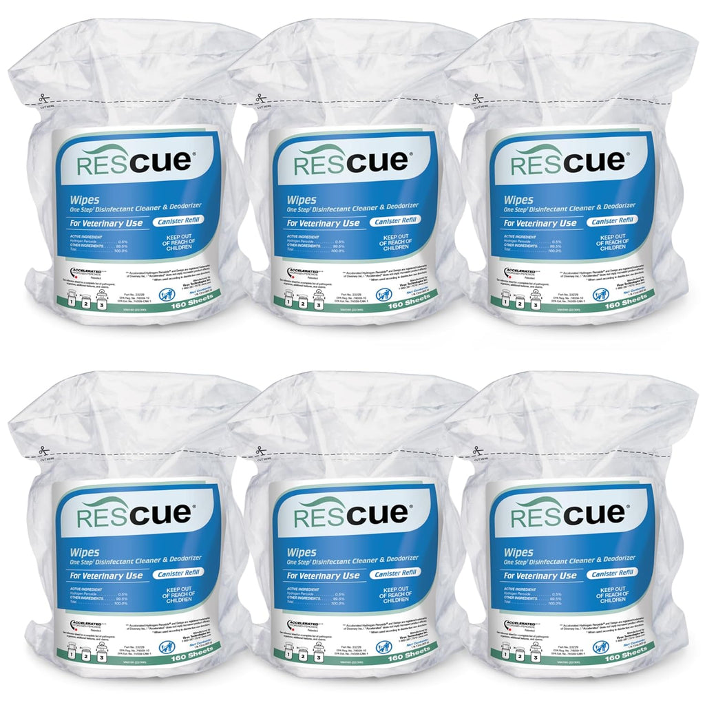 REScue One-Step Disinfectant Cleaner & Deodorizer Wipes for Vet Use – Cleaner for Kennels, Litter Boxes, Vet Offices, Pet Grooming Surfaces, Pet Boarding – Wipes Canister Refill, 160 Count (6 Pack)