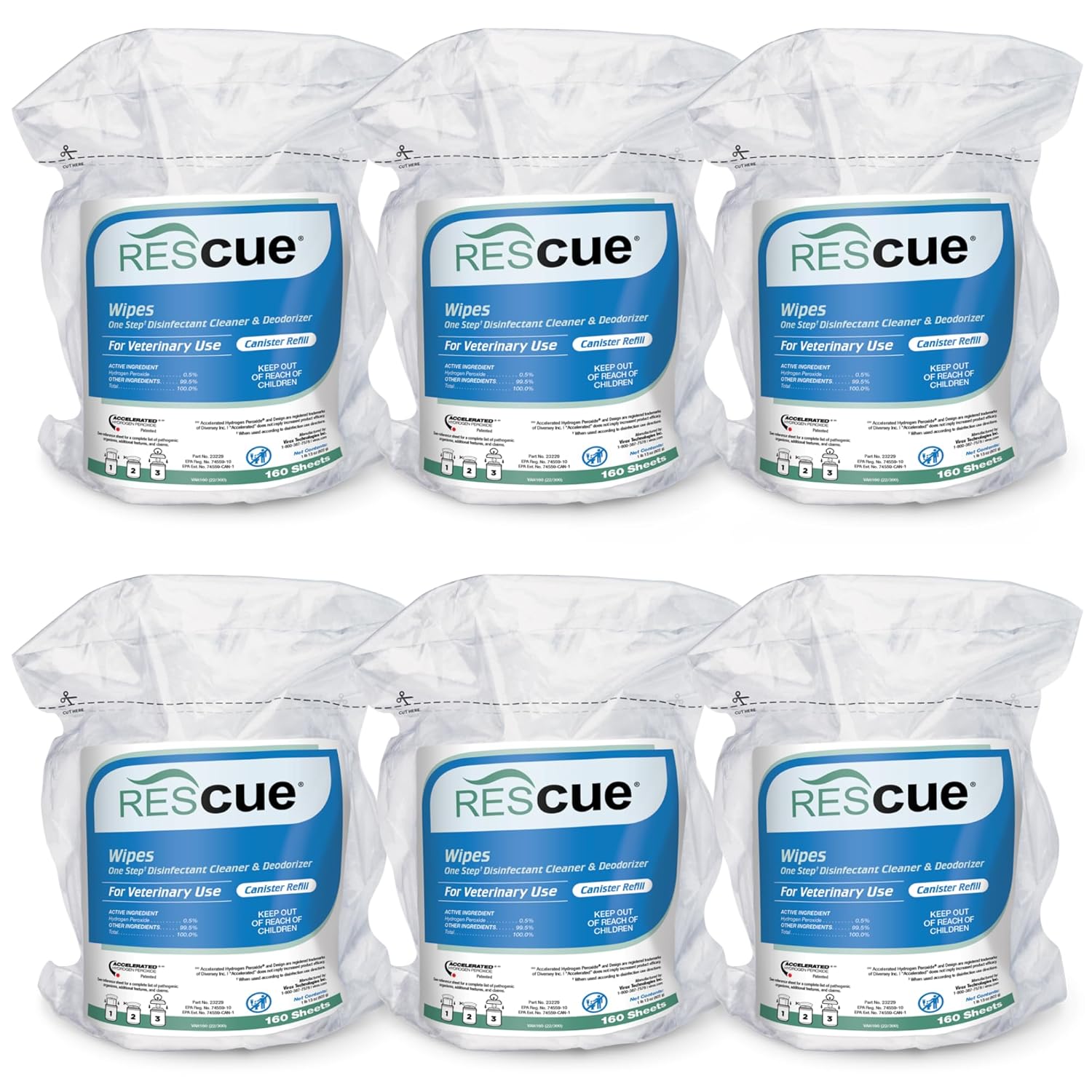 REScue One-Step Disinfectant Cleaner & Deodorizer Wipes for Vet Use – Cleaner for Kennels, Litter Boxes, Vet Offices, Pet Grooming Surfaces, Pet Boarding – Wipes Canister Refill, 160 Count (6 Pack)