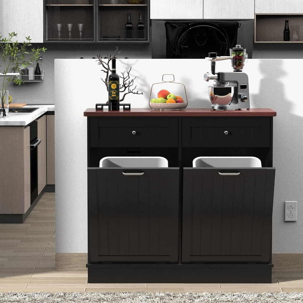 Betterhood Tilt Out Trash Cabinet 10 Gallon Wooden Free Standing Laundry Sorter Cabine,Recycling Cabine with Hideaway Drawer,Tilt Out Trash Cabinet Can Bin Kitchen