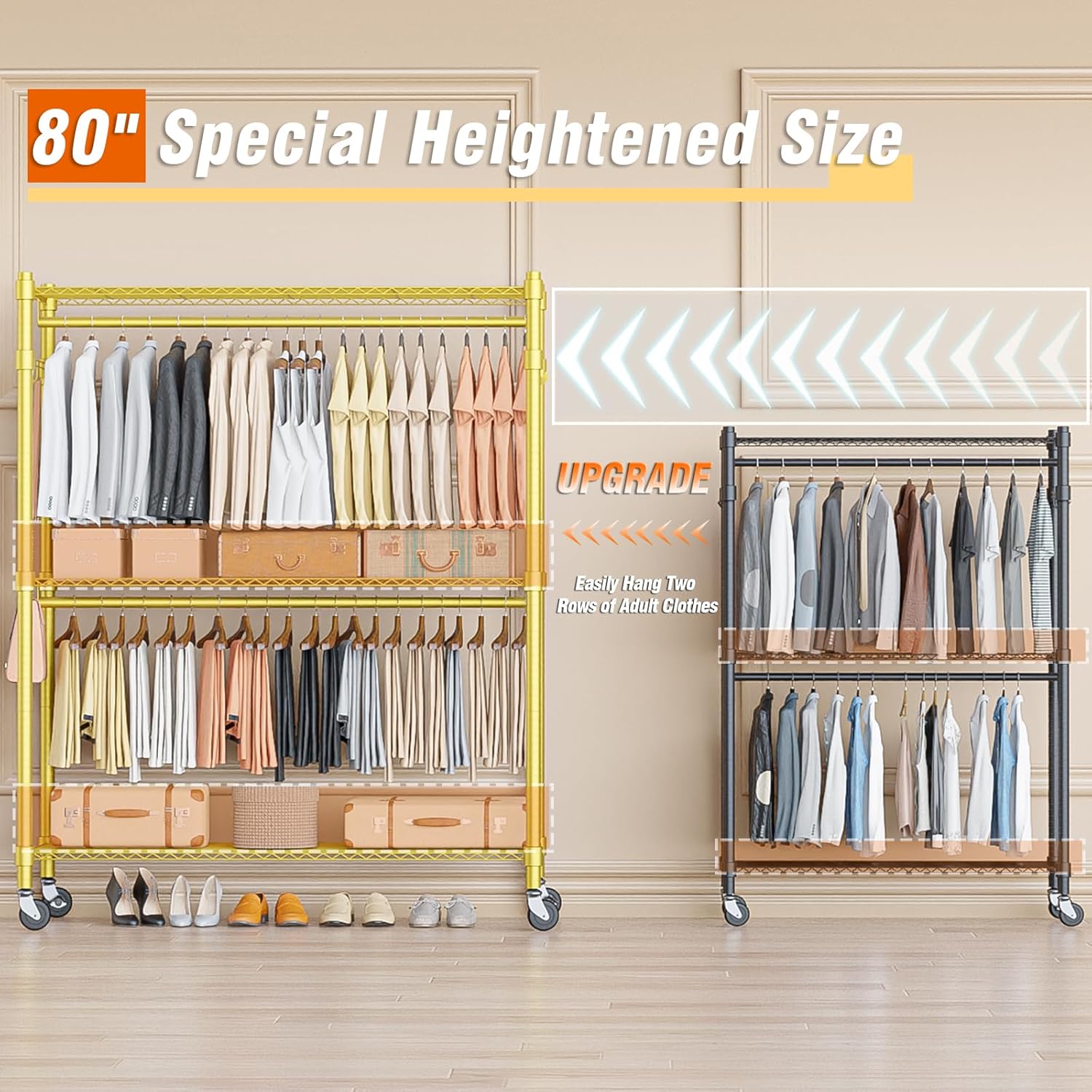 Homdox Gold Heavy Duty Clothes Rack with Wheels, 3-Tier Rolling Metal Garment Organizer with Double Hanging Rods & Hooks, Freestanding Portable Closet, 17.72" D x 47.24" W x 80.71" H