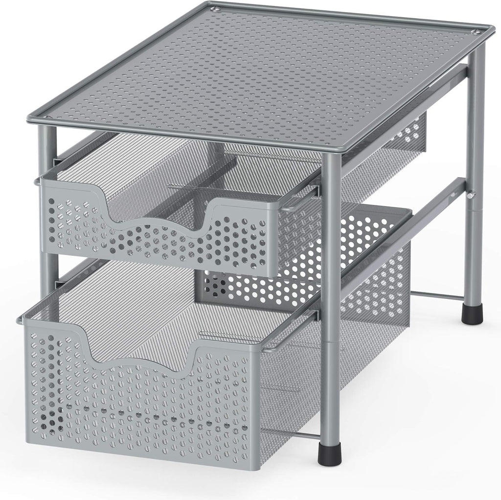 Simple Houseware Stackable 2 Tier Sliding Basket Organizer Drawer, Silver