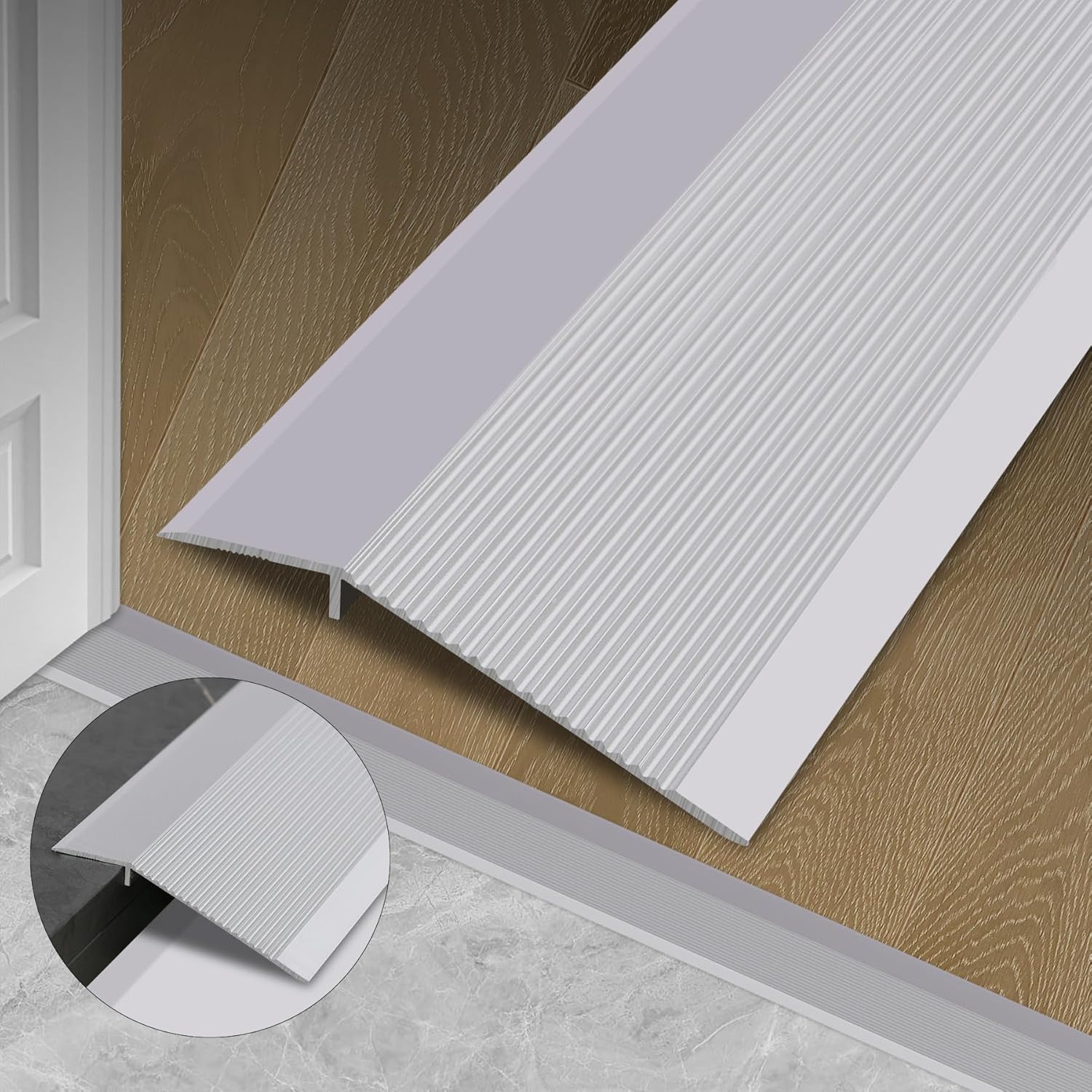 Gaahing Aluminum Floor Transition Threshold Strip, Bridge The Height Gap Between 0.3 to 1.6 inches for Doorway Ramp (35.4in x 3.9in, Matte Silver)