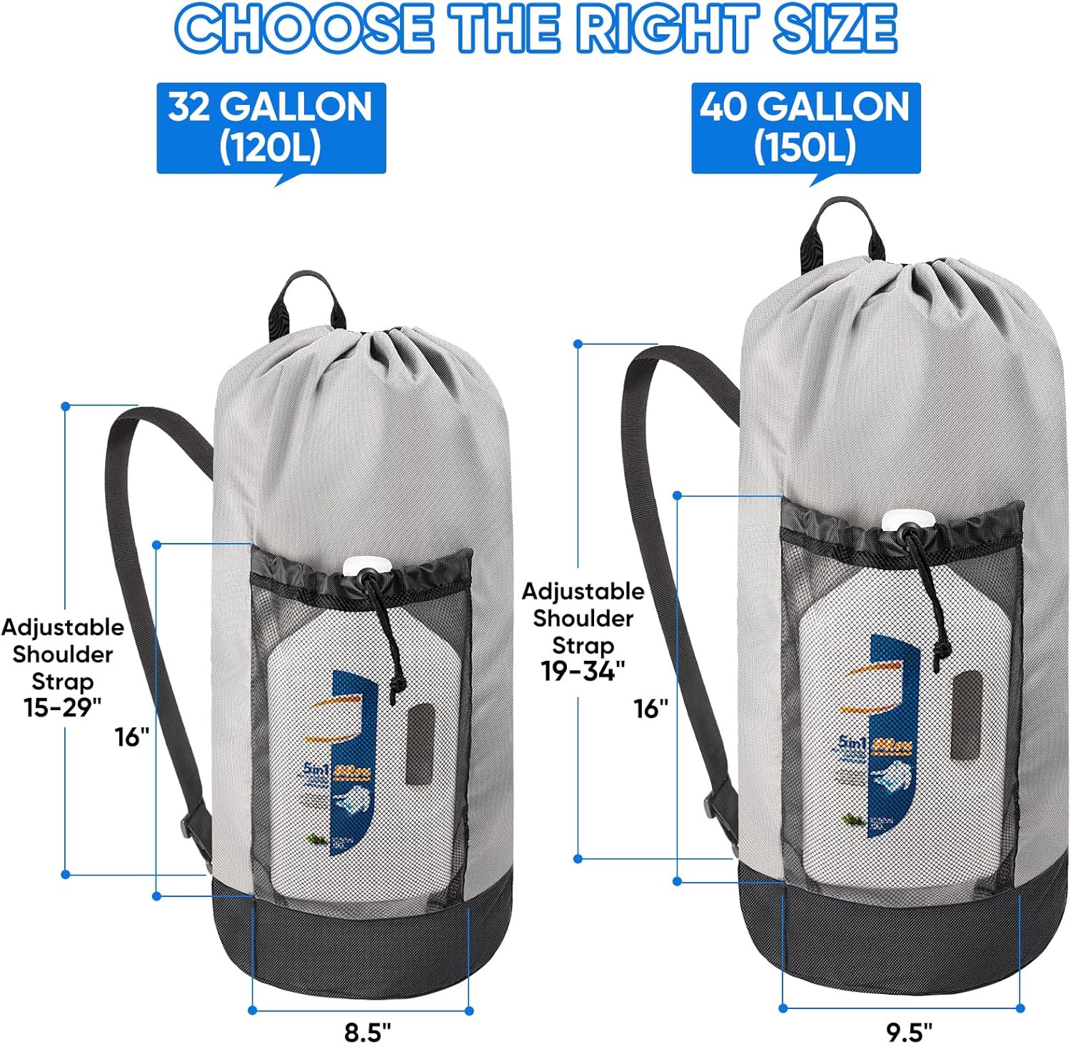 BALEINE 120L Laundry Bag Backpack, 900D Oxford Fabric Large Travel Laundry Bags with Shoulder Straps and 2 Mesh Pockets for College Dorm, Apartment, Laundromat (Gray, 120L)