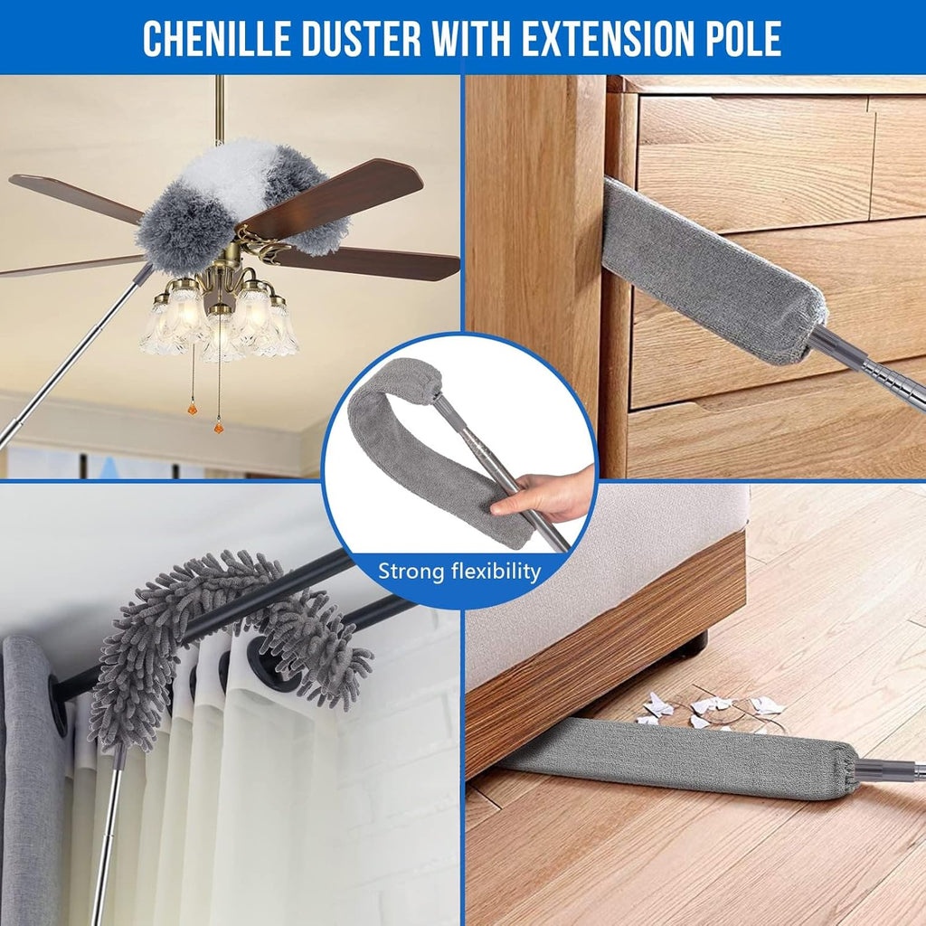 Microfiber Feather Duster 5-in-1 Kit for Dusting and Cleaning – 30–100" Extension Pole, Anti-Slip Grip, Bendable Washable Heads for Ceiling Fan, Furniture, Car (Blue)
