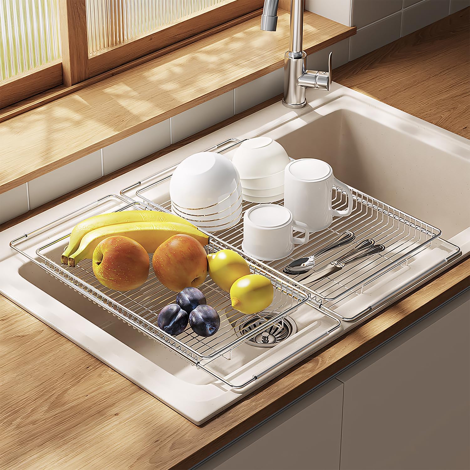 Dish Drying Rack, Stainless Steel Extendable Organizer for Kitchen Counter, Dish Dryer Rack for Inside Sink 304 Stainless Steel Adjustable 16.54" to 31.1" in Sink Dish Drying Rack 1(10.2" x 16.5")