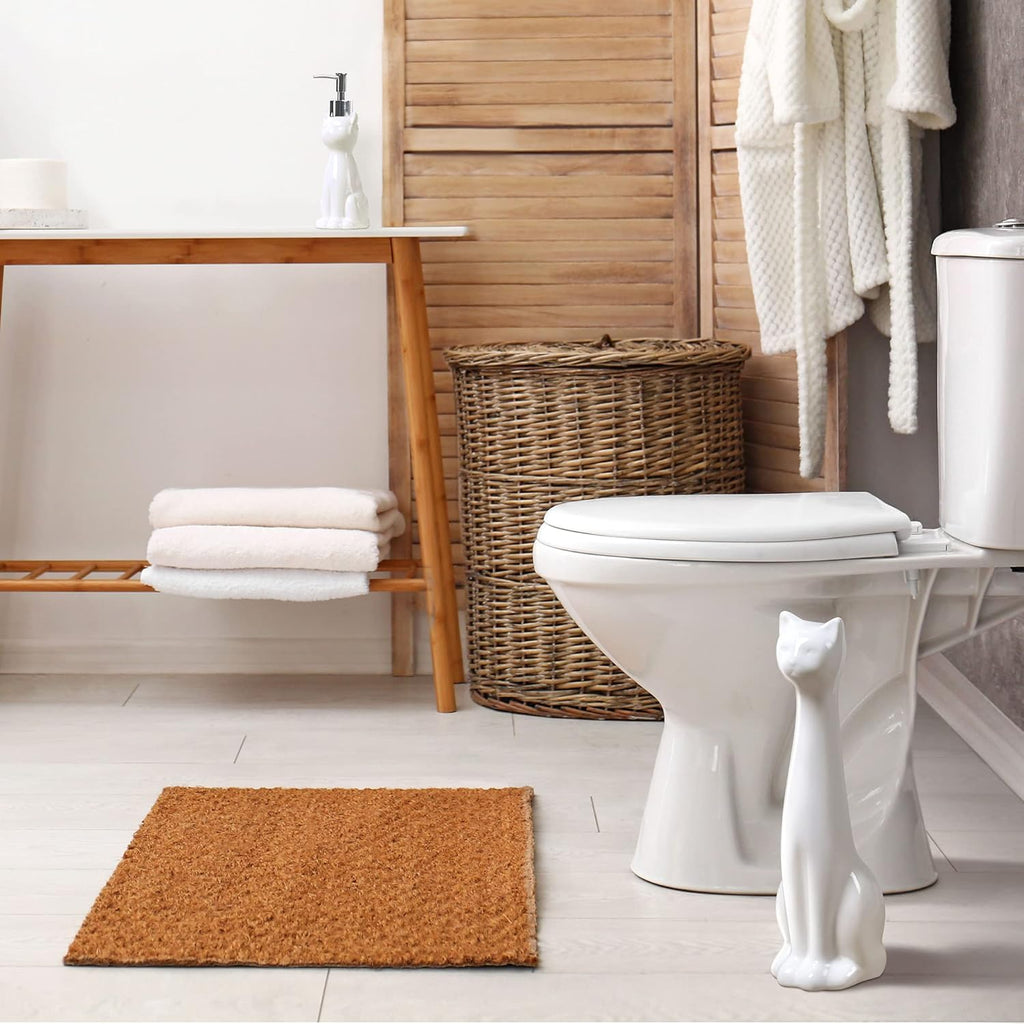 Allure Home Creation Cat 3-Piece Ceramic Toilet Brush Holder & Soap Dispenser - White Plastic Scrub Brush Included