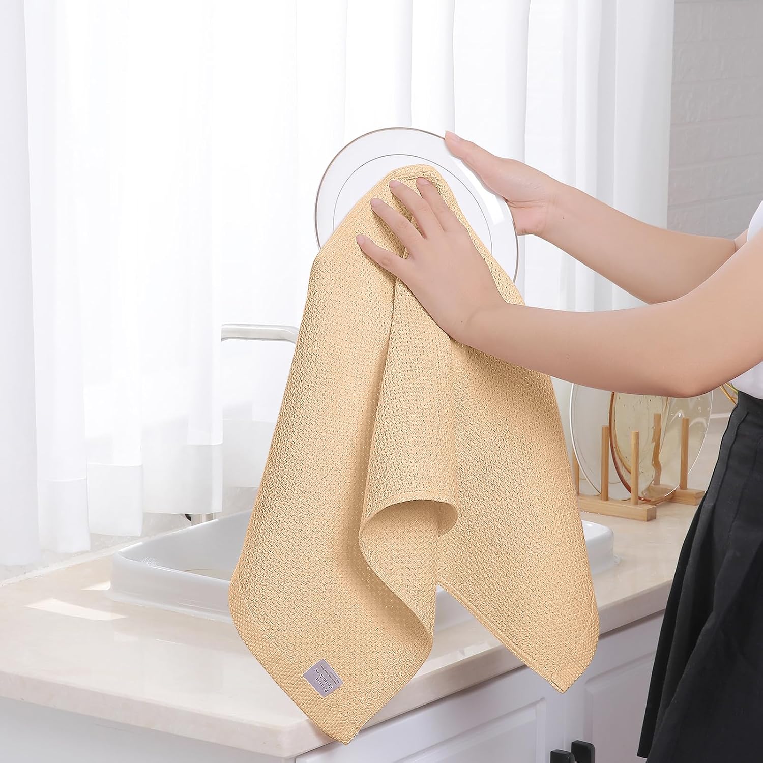 Homaxy 100% Cotton Waffle Weave Kitchen Dish Towels, Ultra Soft Absorbent Quick Drying Cleaning Towel, 13 x 28 Inches, 8-Pack, Apricot