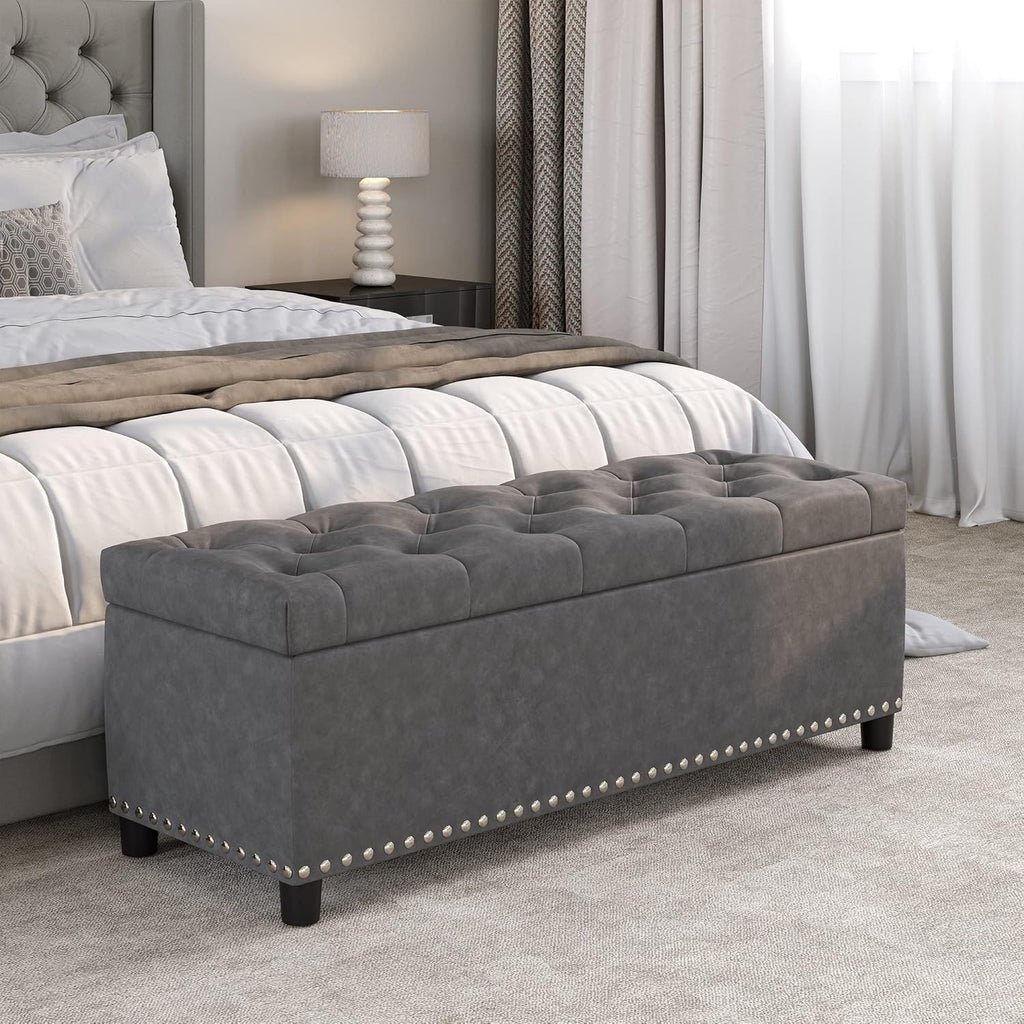 BELLEZE 47" Storage Ottoman, Storage Bench with Safety Close Hinge, Faux Leather Button-Tufted Ottoman for Living Room, Entryway, Hallway, Foot Rest, Support 300lbs - Rustic Gray