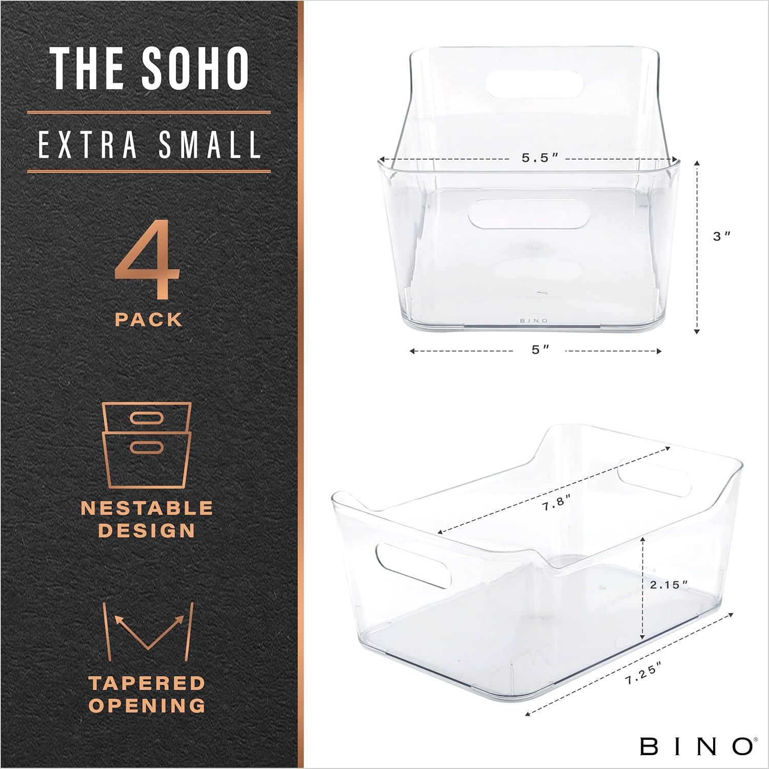BINO | Plastic Organizer Bins, X-Small - 4 Pack | THE SOHO COLLECTION | Multi-Use Organizer Bins | Pantry & Freezer Bin | Plastic Storage Containers | Bin for Home & Kitchen Org