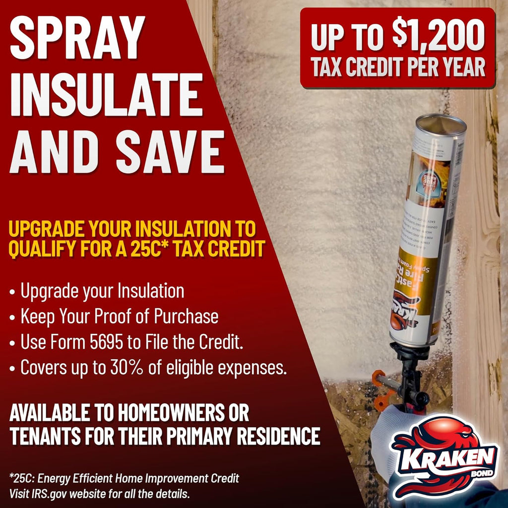 Kraken Bond Fastcoat Fire Rated Spray Foam Insulation Kit Closed Cell in a Can 240 sq ft (12x27.1 oz.)(R-Value 11.32 / 2in)- Spray Foam for Garage Door, Attic, Wall Gun & Cleaner Not Included, 12 Pack