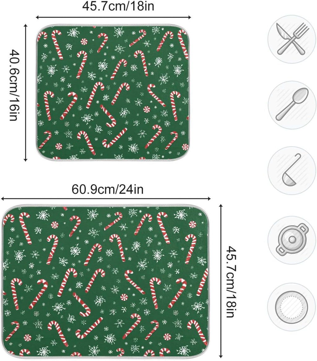 Christmas Candy Cane Dish Drying Mat for Kitchen Countertop 16x18 Winter Snowflake Green Xmas Small Drying Mat Reusable Quick Dry Dish Sink Mats Easy Clean Decorative Essentials
