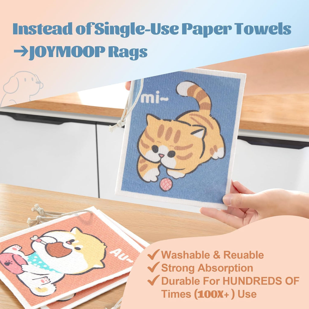 JOYMOOP Cartoon Cellulose Cleaning Cloth, Reusable Absorbent Dish Towels, Non-Scratch Washable Rags for Cookware, Kitchen and Household Cleaning - 12pcs, 6.7×7.9inch