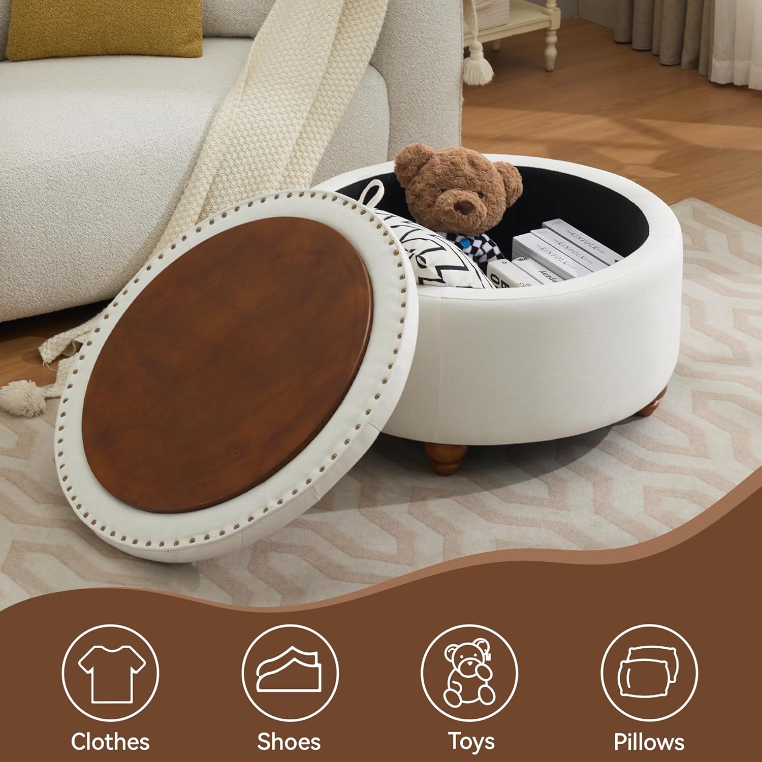 30Inch Round Storage Ottoman with Tray, Modern Tufted Fabric Circle Coffee Table with Storage, Upholstered Ottoman with Removable Top for Living Room, Bedroom, Beige